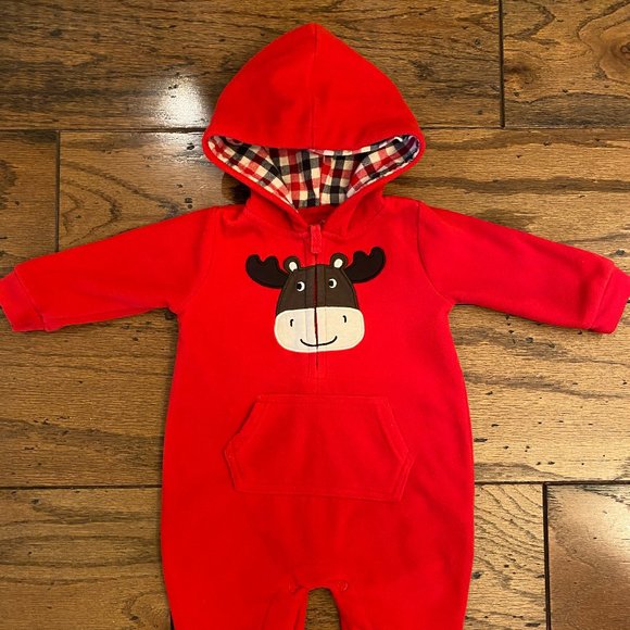 6M Carter's Red/Plaid Moose Half zip Plaid lined hoodie - Picture 1 of 2